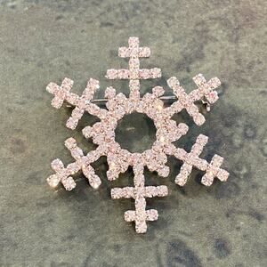 White rhinestones brooch festive Christmas holiday silver snowflake motif pin